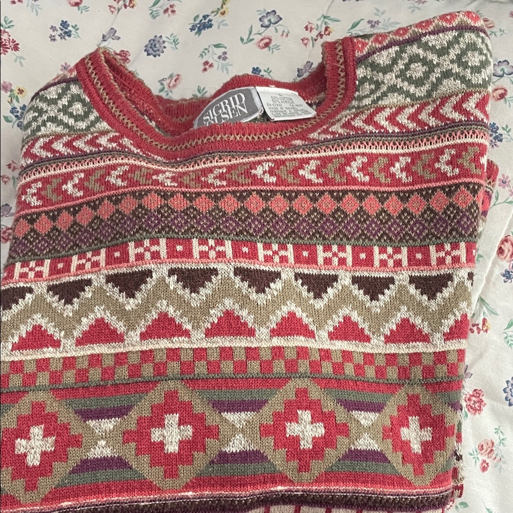 Sigrid Olsen Red and Cream Knit Sweater. 50% cotton 50% acrylic. Size Large